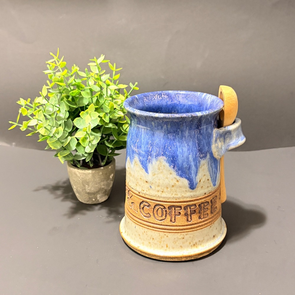 Studio Pottery Blue Drip Glaze Coffee Canister with Wooden Scoop Signed